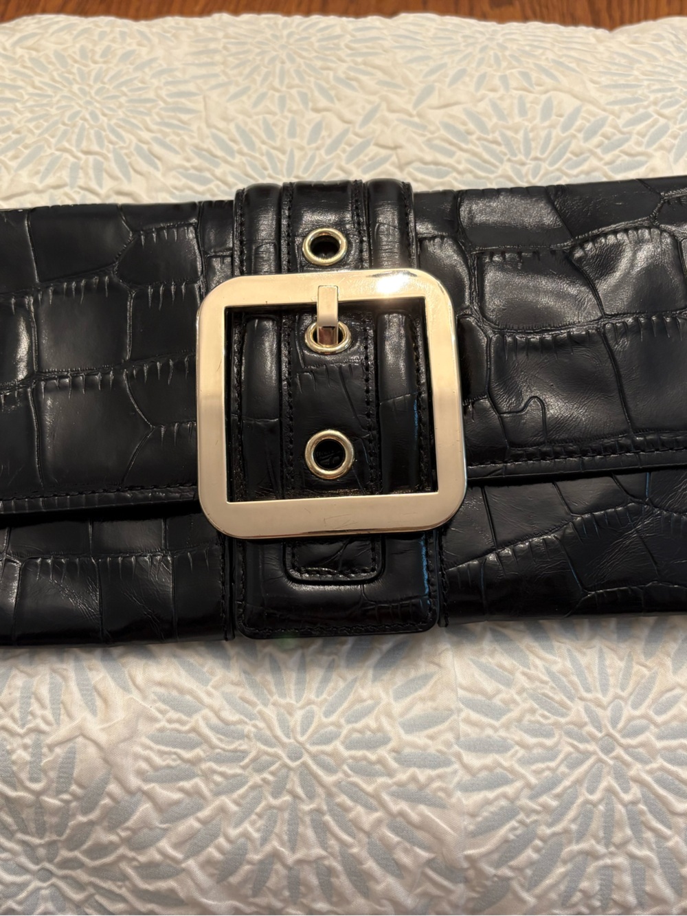 Vintage Ann Taylor Leather Black Croc-Embossed Buckle Clutch - gold hardware GUC